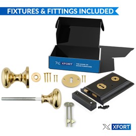 XFORT Premium Range 6"x 4" Traditional Black Rim Lock Set with Polished Brass Rim Knob, Surface Door Lock with Latch, Shed Lock with Key, Vintage Garden Gate Lock, for External Sheds, Gate or Doors