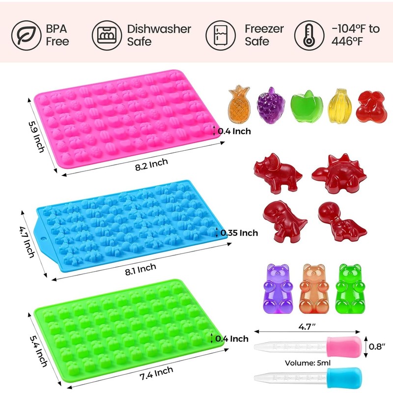 Gummy Candy Molds with 2pcs Droppers, Silicone Bear Dinosaur Fruit