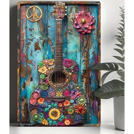 Vintage Hippie Guitar Aluminum Tin Sign: 8x12 Inch (20x30cm), Wall-Mountable, No Electricity Required, Perfect for Home Decor