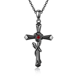 URONE Rose Chain Silver 925 Black Rose Flower Cross Pendant Rose Jewellery Cross Gifts Wedding Anniversary Gifts for Women, No Gemstone
