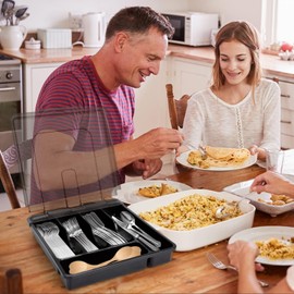 Silverware Organizer with Lid, Covered Utensil Tray for Kitchen Drawer and Countertop, Plastic Cutlery and Flatware Storage Box for Spoons Forks Knives Holder Case, BPA Free Flatware (transparent)