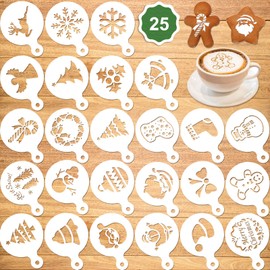 Qpout 25pcs Christmas Cookie Stencil Set, Xmas Party Cookie Fondant Coffee Decoration Embossing Mold, Santa Claus Christmas Tree Snowflake Christmas Stocking Bell Snowman Plastic Painting Templates