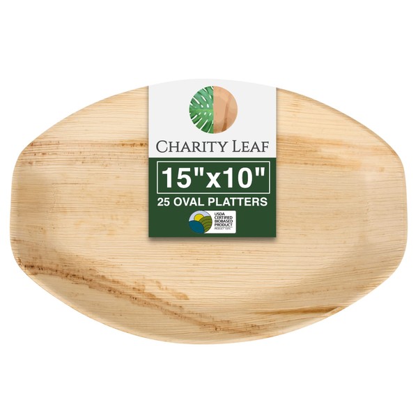 Charity Leaf Disposable Palm Leaf 15" x 10" Trays (25 pieces) Bamboo Like Serving Platters, Disposable Boards, Eco-Friendly Dinnerware For Weddings, Catering, Events