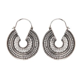 81stgeneration Women's Silver Tone Brass 40 mm C-Shape Aztec Egyptian Tribal Dotwork Hoop Earrings