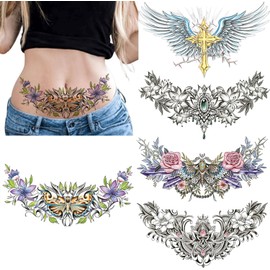 5 Sheets Chest Large Temporary Tattoo for Women, Abdomen Waist Back Fake Tattoos for Adults, Realistic Moth Flowers Tattoo Stickers, Body Scar Cover Belly Tattoos