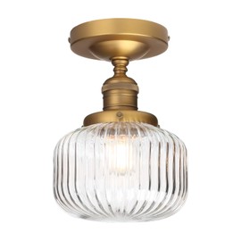 Yosoan Indoor Vintage Ceiling Light with Striped Shade, 1-Light Hardwired Modern Vanity Light Industrial Single Rustic Semi Flush Mount Ceiling Lamp Ribbed Glass Shade for Kitchen Hallway(Antique)