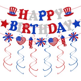 Independence Day Birthday Party Decorations 4th of July Happy Birthday Banner Glitter Red White Blue Patriotic National Day Theme Decor Hanging Swirls Party Supplies