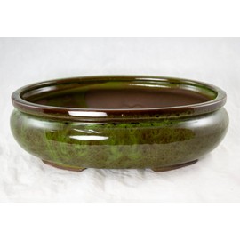 Yubonzai Oval Glazed Bonsai Pot, Cactus & Succulent Planter + Mesh, Outside Dimension 12"x 8.5"x 3.75" - Moss Green (638-12MG)