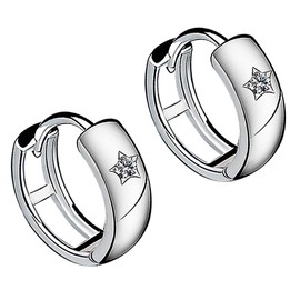 Yaneno Christmas Earrings Gift 925 Sterling Silver High Polished Star Hoop Earrings with Cubic Zirconia Small Round Hinged Earrings for Women Girls (White)