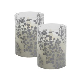 LumaBase Battery Operated LED Glass Candles with Flickering Flame, Silver Fern - Set of 2