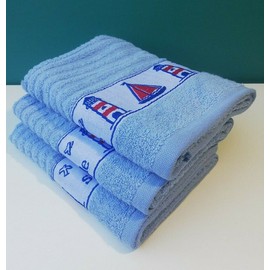 100% Cotton Tea Towels Waffle Embroidered Seaside Cooks Cloth 3 Pack Kitchen Towel Set (Blue Lighthouse)