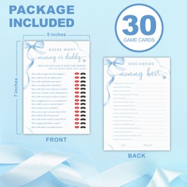 YKYENR 5"X 7" Baby Shower Games Kit, 30 Pcs Blue Bow Guess Who? & Mommy Best Two-In-One Game Cards For Parents-To-Be, Baby Announcement, Gender Reveal, Party Favor & Decorations - F07