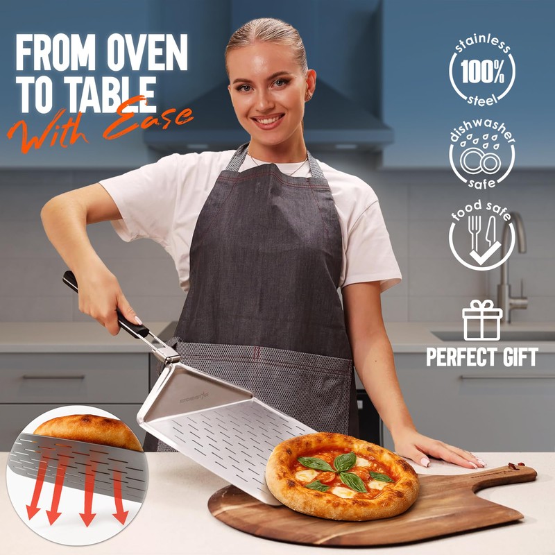 KitchenStar 12-inch Perforated Pizza Peel with Folding Handle - Stainless