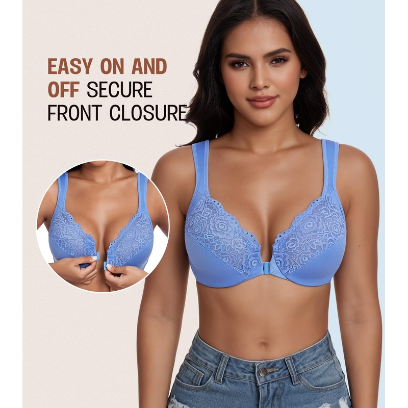 DotVol Women's Front Closure Wide Strap Underwire Bra Lace Plus