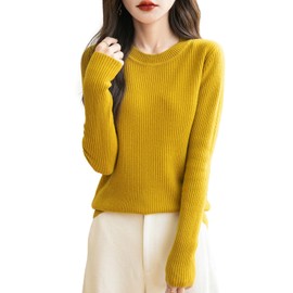 Chanyarn Women's 100% Merino Wool Sweater 2024 Fall Winter Crew Neck Long Sleeve Warm Soft Ribbed Knit Pullover Sweater (Maple Leaf,L)