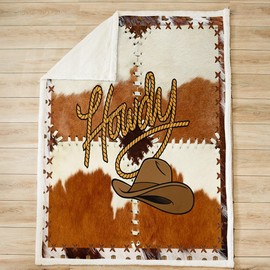 Castle Fairy Western Cowboy Bed Throws,Cowhide Print Skin Fur Patchwork Throw Blanket for Kids Boys Gift, Hat Boots Rustic Farmhouse Lightweight Sherpa Blanket for Sofa, Baby Size (30 x 40 Inch)