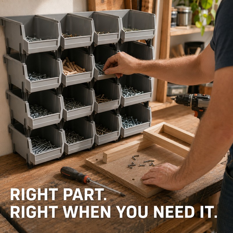 Stackable Plastic Parts Bins for Garage Tool Storage