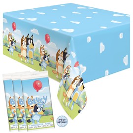 Unique Bluey Birthday Party Supplies - Rectangular Plastic Table Covers (Pack of 3) and Sticker