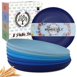 Homienly Deep Dinner Plates Set of 8 Alternative for Plastic Plates Microwave and Dishwasher Safe Wheat Straw Plates for Kitchen Unbreakable Kids Plates with 4 Colors (Blue Series, 9 inch)