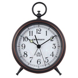 Timelink Metal Crosley Vintage Desk and Shelf Alarm Clock, Old Fashioned Retro Style, Quiet Sweep-Non-Ticking, Battery Operated – Simple Settings, Antique Finish (Mother of Pearl)