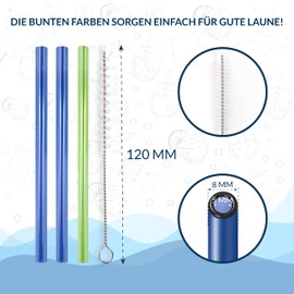 Pack of 3 Glass Straws, Green/Blue, Reusable, Glass Drinking Straws, Children's Straws, Dishwasher Safe, Includes Cleaning Brush, 12 cm Long for Children, Pack of 3 | + Brush
