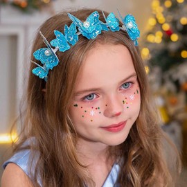 JEWEKY Butterfly Headbands Shiny Pearl Hair Band Blue Butterfly Headpiece Festival Party Hair Accessories for Women and Girls