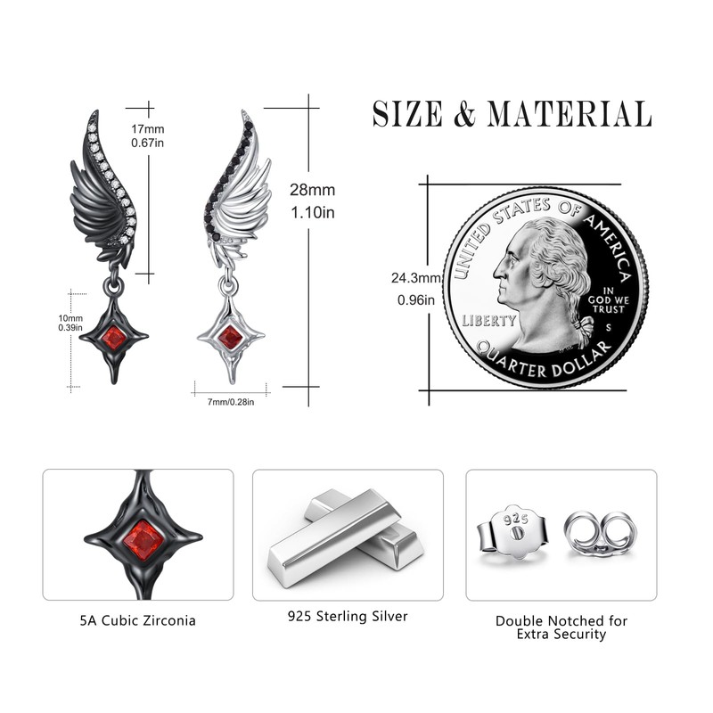 OHAYOO Angel and Devil Stud Earrings 925 Sterling Silver Black