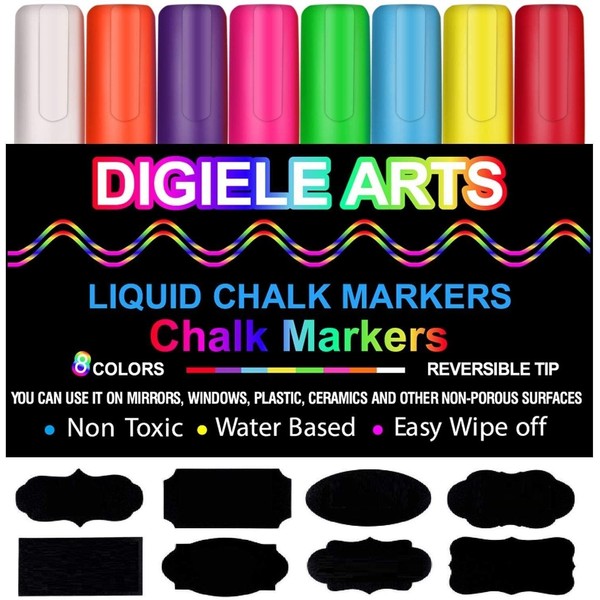 DIGIELE Liquid Chalk Marker, 8 Colours Chalk Markers, Erasable with a Wet or Dry Cloth, Reversible Tip 6 mm for Glass, Window, Chalkboard or Restaurant + 32pcs Chalkboard Labels