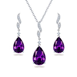 JIANGXIN 18-20inch Pear cut Purple Amethyst 925 Sterling Silver Jewelry Set for Women Teardrop Pendant Necklace Drop Earrings