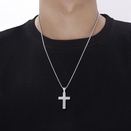 Deerllia Cross Necklace for Men Stainless Steel Crucifix Pendant Silver White Gold Beveled Edge Jesus Christ Plain Simple Women Fine Jewelry Gifts with Zirconia, 24 Inches Rolo Chain