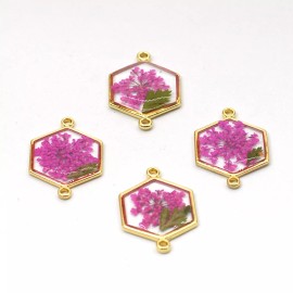 6PCS Gold Tone Queen Anne's Lace Flower Resin Hexagon Charm Connector GYX853