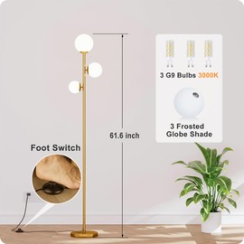 Nukanu Floor lamp with 3 Frosted Glass Shades,Stangding Lamp Floor Lamps for Living Room Bedroom Office with 3 led Bulbs,Tall lamp with Foot Switch (Gold)