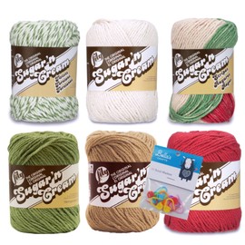 Lily Sugar'n Cream 100% Cotton Yarn 6-Pack Bundle with Bella's Crafts Stitch Markers (Country Christmas)