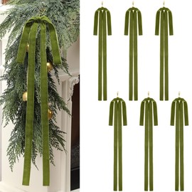 Janinka 6 Pcs Velvet Christmas Swag Bow 23.5x15.5 Inch Rustic Large Velvet Christmas Staircase Wreath Bows Vintage Tree Topper Bows Large Bow for Outdoor (Olive Green)