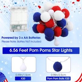 Tuanse 20 Memorial Day LED Pom Poms Fairy Light Independence Day Light String 5. 91 ft Red White and Blue Fur Ball Round Battery Operated String for July 4th Patriotic Party Home Bedroom Holiday Decor