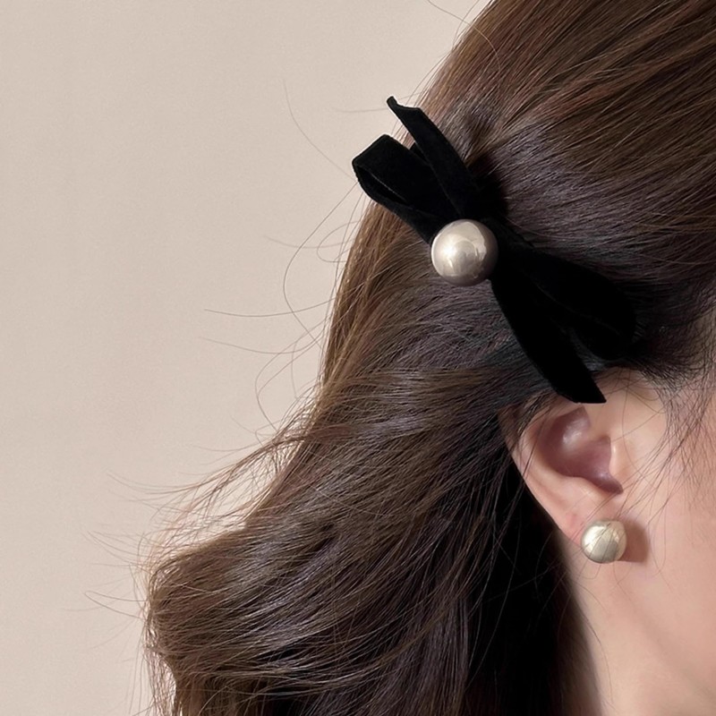 ベロア リボン ヘアアクセ 黒 ヘアクリップ 子供 2個セット 小さめ 髪飾 前髪