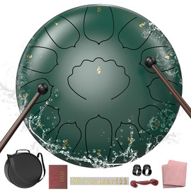 D Major Steel Tongue Drum Handpan, 12 Inch 13 Note Rain Drum for Outside Garden, Rain Chime Hand pan with Music Book, Mallets, Rain Chime Waterproof, Hand Pan Instrument Outdoor (Green, 12 Inches)