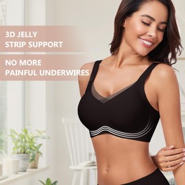 WOWENY Non Wired Bras with Support for Women Padded Seamless Wireless V Neck Lace Bralette Comfy Bustier Everyday Bras[Black,