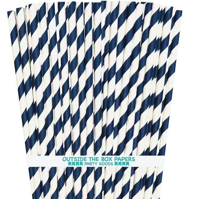 Navy Blue Stripe Paper Straws - 100 Pack