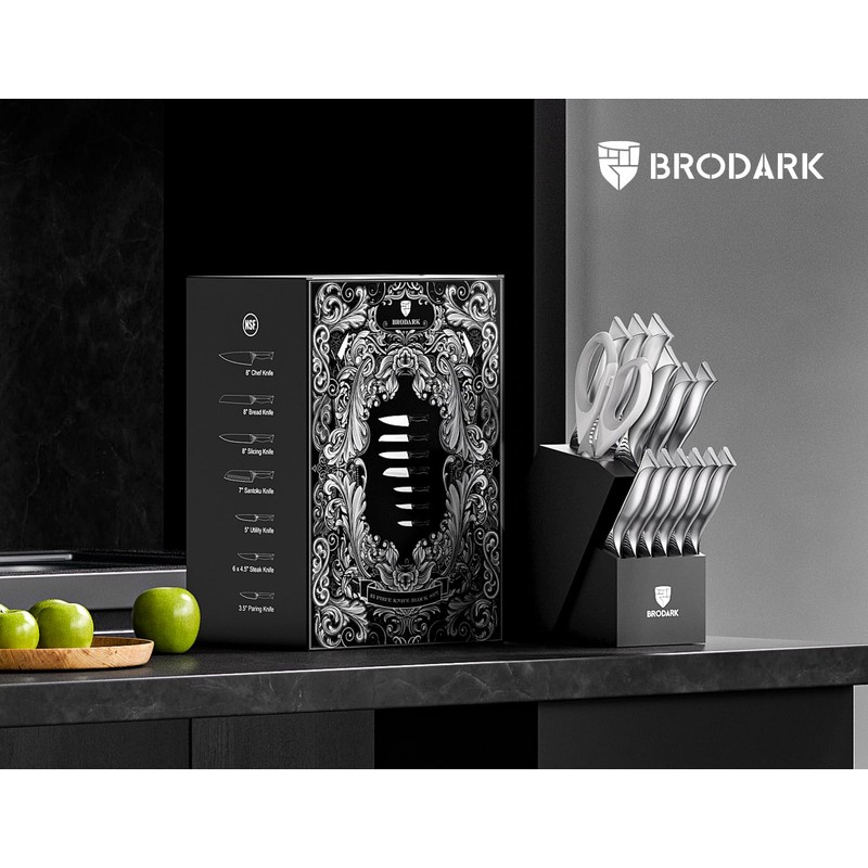 BRODARK Kitchen Knife Set with Block - 15-Piece Knife Block