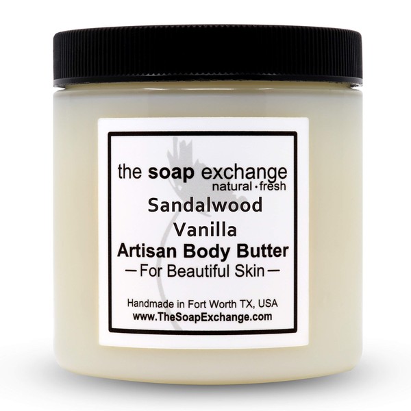 The Soap Exchange Body Butter - Sandalwood Vanilla Scent - Hand Crafted 8 fl oz / 240 ml Natural Artisan Skin Care, Shea Butter, Aloe Vera, Nourish, Moisturize, & Protect. Made in the USA.