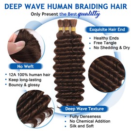 Bizvus Human Braiding Hair for Boho Braids 110g Deep Wave Boho Bulk Human Hair for Braiding Knotless 12A Wet and Wavy Bulk Bohemian Curly 3 Bundles/Pack #4 Chocolate Brown Auburn Ginger Color 18inch