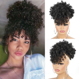 Cetiq Afro Puff Kinky Curly Drawstring Ponytail Extension with Bangs - 1B Natural Black for Black Women, Natural Hair Updo, Instant Styling
