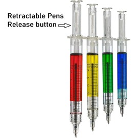 5" Syringe Pens (12 Pieces) Write in Black Ink. Red, Green, Blue and Yellow! Retractable Pens. Multi Color. Great for Nursing Students, Birthday Stocking Stuffers, Party Favor Gifts and Bags.