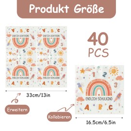 VOPIWOZ Pack of 40 Napkins First Day of School Decoration, Rainbow Decoration for Boys and Girls 2025, for Christening, Back to School, Table Decoration, 33 x 33 cm
