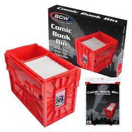 BCW Short Comic Book Bin & Extra Partitions Bundle (4 Partitions Total) - Red - Holds 150 Standard Comic Books | Acid Free Comic Book Storage and Organizer | Heavy Duty Plastic Comic Storage Box