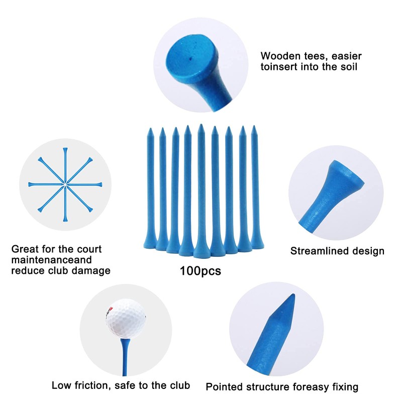 GFGL Golf Tees (Blue) Durable Bamboo Tees 100Pcs 3-1/4" Friendly