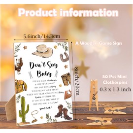 Don't Say Baby Clothespin Games Sign, Cowboy Baby Shower Games, 1 Wooden Sign with 50 Mini Clothespins, Game Activity for Baby Shower, Gender Reveal Party Favors Decorations