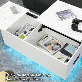 HOMMPA Lift Top Led Coffee Table with Charging Station Modern Center Cocktail Table for Living Room with Hidden Compartment High Glossy Lift Tabletop White Coffee Table for Living Room