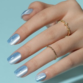 Blue Press on Nails Short, Jofay Fashion Fake Nails, Two-color Ombre Cat Eye Press on Nails, Summer Acrylic False Nails, Reusable Stick on Nails for Women Girls, Glue on Nails Kit 32 Pcs, Blue Dream